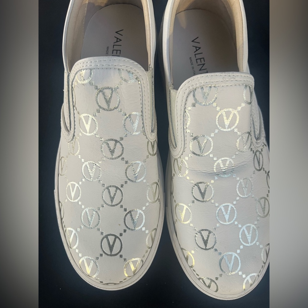 Valentino White/Gold Monogram Slip On Sneakers Sz 9 BRAND NEW